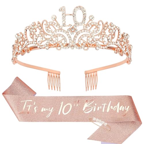 Srotmirw 10. Geburtstagskrone, 1 Stück Roségold krone mit weißer Diamant und Schuterriemen für Mädchen bei der Geburtstagsfeier von Srotmirw
