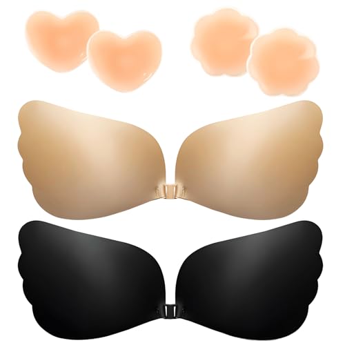 Srvak 2er Set Push Up Klebe-BH Trägerloser Unsichtbarer Rückenfreier BH + 2 Paare Blüten-/Herz-Klebepads | Vorderverschluss für Damen (DE/NL/SE/PL, Körbchengröße & Bandgröße, B, Hautfarbe + Schwarz) von Srvak
