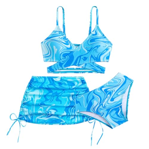 Srvak Mädchen Bikini Set,Bikinioberteil,Bikinihose und Tüllrock Bikini mit Rock Mädchen,Sommer Badeanzug für 7-12 Jahre (DE/NL/SE/PL, Alter, 10 Jahre, Regular, Blau) von Srvak