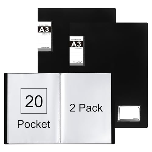 Srvnpioy A3 Sichtbuch 20 Taschen (Schwarz, 2 Stück) A3 Portfoliobuch Kunststoff Präsentationsbuch mit 20 Klarsichthüllen für Berichtsblätter, Portfolios, Gemälde, Fotos, Kunstwerke, Zeichnungen von Srvnpioy