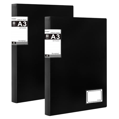 Srvnpioy A3 Sichtbuch 80 Taschen (Schwarz, 2 Stück) A3 Portfoliobuch Kunststoff Präsentationsbuch mit 80 Klarsichthüllen für Berichtsblätter, Portfolios, Gemälde, Fotos, Kunstwerke, Zeichnungen von Srvnpioy