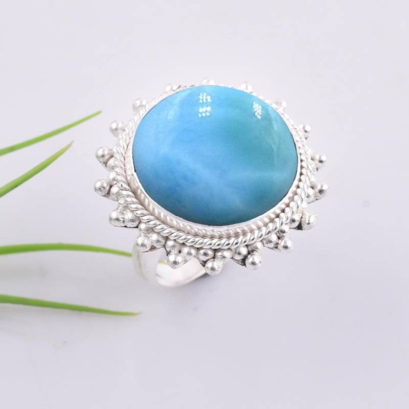 Natürlicher Larimar Ringhandgefertigter Solid Silberring925 Sterling Silber Ringrunde Form Designer Ringversprechensringgeschenk Für Die Liebe von SsonasCreation