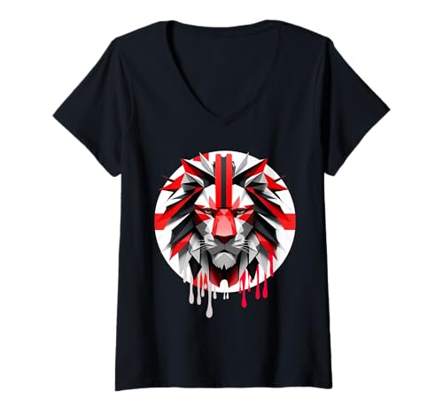 Damen UK UJ Flagge St. George Patriotismus Löwengesicht Großbritannien T-Shirt mit V-Ausschnitt von St George Patriotism Lions Store