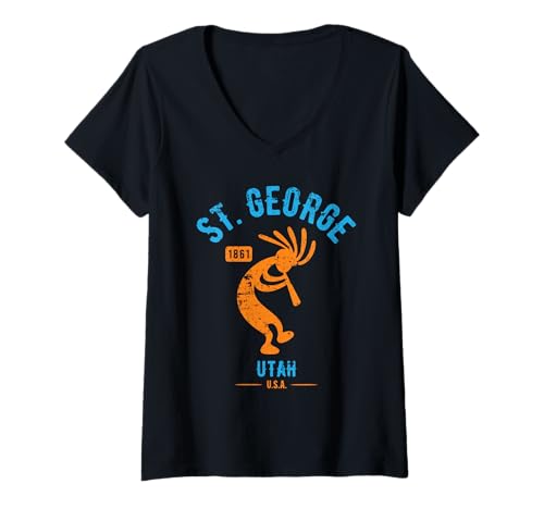 Damen St. George Utah, Tanzender Kokopelli-Souvenir, Used-Look T-Shirt mit V-Ausschnitt Damen St. George Utah, Tanzender Kokopelli-Souvenir, Used-Look T-Shirt mit V-Ausschnitt von St George Utah USA Kokopelli Designs and Souvenirs