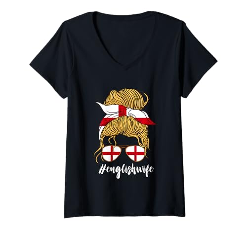 Damen Englische Ehefrau Sonnenbrille Englische Flagge England St. George's Cross T-Shirt mit V-Ausschnitt Damen Englische Ehefrau Sonnenbrille Englische Flagge England St. George's Cross T-Shirt mit V-Ausschnitt von St George's Cross English Pride England