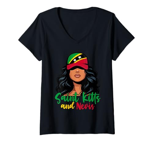 Damen Kittitian Girl St Kitts Flagge Stolze Kittitian Nevisian Women T-Shirt mit V-Ausschnitt Damen Kittitian Girl St Kitts Flagge Stolze Kittitian Nevisian Women T-Shirt mit V-Ausschnitt von St Kitts and Nevis for Girls and Women Kittitian