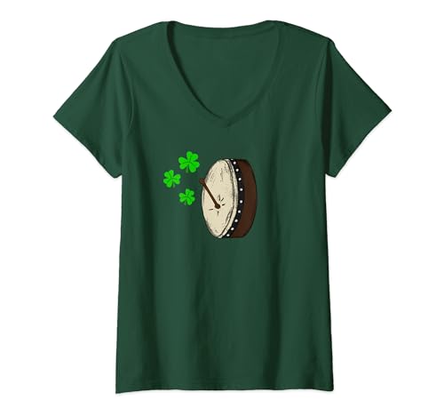 Damen Bodhran St. Patrick's Day Schlagzeuger, irischer Musiker T-Shirt mit V-Ausschnitt von St Patrick's Day Irish Drum Bodhran By DoodleRob
