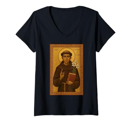 Damen Römisch katholische Ikone St. Anthony von Padua T-Shirt mit V-Ausschnitt Damen Römisch katholische Ikone St. Anthony von Padua T-Shirt mit V-Ausschnitt von St. Anthony of Padua Icons & Co.