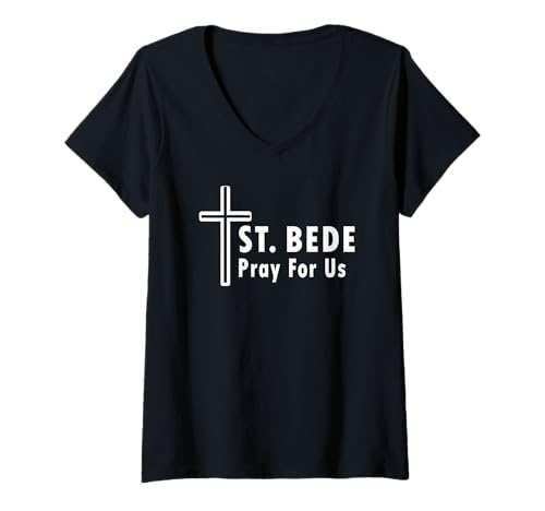 Damen St. Bede Pray for Us Katholisches Heiliges Kreuz T-Shirt mit V-Ausschnitt Damen St. Bede Pray for Us Katholisches Heiliges Kreuz T-Shirt mit V-Ausschnitt von St. Bede Devotional Prayer