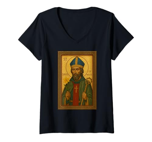 Damen Römisch katholische Ikone des heiligen Davids von Wales T-Shirt mit V-Ausschnitt Damen Römisch katholische Ikone des heiligen Davids von Wales T-Shirt mit V-Ausschnitt von St. David von Wales Icons & Co.