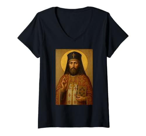 Damen Ostorthodoxer Heiliger Demetrius von Rostov Ikone T-Shirt mit V-Ausschnitt Damen Ostorthodoxer Heiliger Demetrius von Rostov Ikone T-Shirt mit V-Ausschnitt von St. Demetrius von Rostov Ikone
