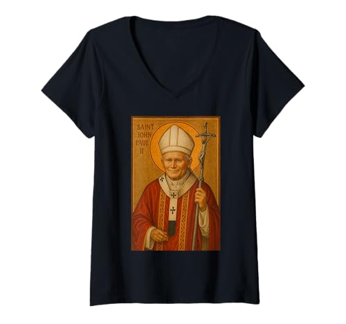Damen Römisch katholische Ikone des Heiligen Johannes Paul II. T-Shirt mit V-Ausschnitt Damen Römisch katholische Ikone des Heiligen Johannes Paul II. T-Shirt mit V-Ausschnitt von St. John Paul II Icons & Co.