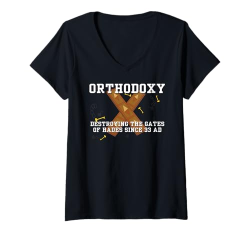 Damen Zerstörung der Tore des Hades seit 33 n. Chr. T-Shirt mit V-Ausschnitt Damen Zerstörung der Tore des Hades seit 33 n. Chr. T-Shirt mit V-Ausschnitt von St. Nectarios Orthodox Church