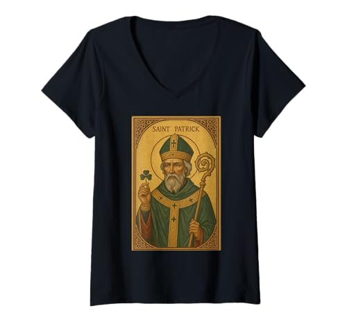 Damen Römisch katholische Ikone St. Patrick T-Shirt mit V-Ausschnitt Damen Römisch katholische Ikone St. Patrick T-Shirt mit V-Ausschnitt von St. Patrick Icons & Co.