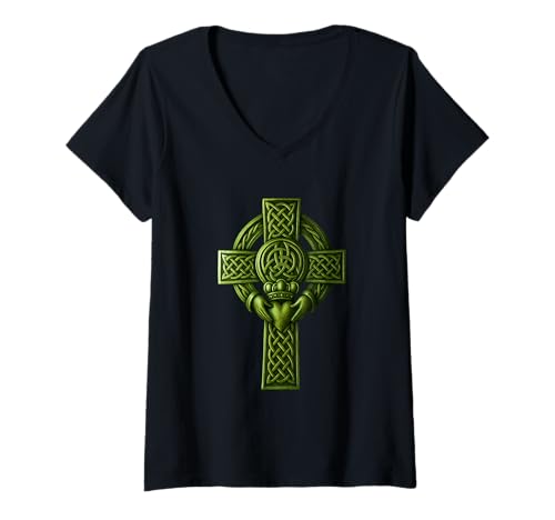 Damen Celtic Cross mit Claddagh - St. Patricks Day T-Shirt mit V-Ausschnitt Damen Celtic Cross mit Claddagh - St. Patricks Day T-Shirt mit V-Ausschnitt von St. Patricks Day Accessoires & Co.