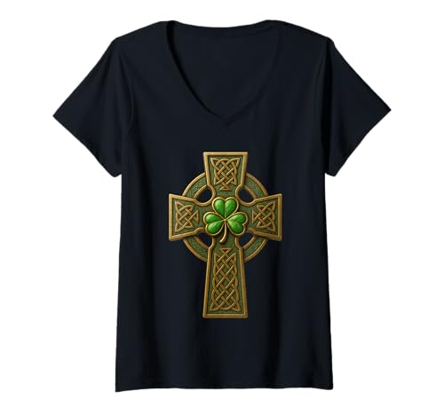 Damen Irischer Keltisches Kreuz Knoten mit Shamrock - St. Patricks T-Shirt mit V-Ausschnitt von St. Patricks Day Accessoires