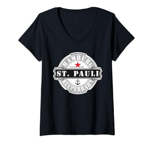 Damen St. Pauli Hamburg Reeperbahn Rotlicht und Kieze Party Outfit T-Shirt mit V-Ausschnitt Damen St. Pauli Hamburg Reeperbahn Rotlicht und Kieze Party Outfit T-Shirt mit V-Ausschnitt von St. Pauli Hamburg Reeperbahn Hafen Szene wear