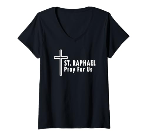 Damen St. Raphael Betet für Uns Katholisches Heiligengebet T-Shirt mit V-Ausschnitt von St. Raphael Devotional Prayer