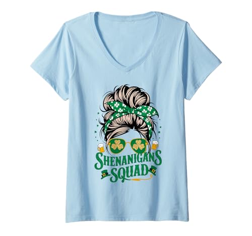 Damen Shenanigans Squad St. Patrick's Day Irish Messy Bun für Damen T-Shirt mit V-Ausschnitt von St.Patricks Day Matching Group Irish Shamrocks
