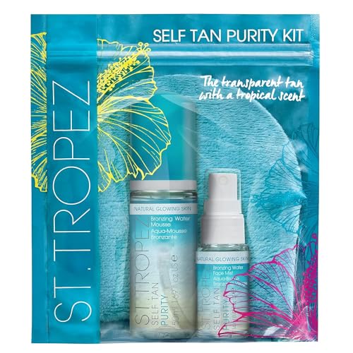 St. Tropez Self Tan Purity Selbstbräuner-Kit, Beauty-Geschenk für Damen mit flüssigem Selbstbräuner-Mousse, Selbstbräuner-Gesichtsspray und Applikator-Handschuh zum Auftragen von St.Tropez