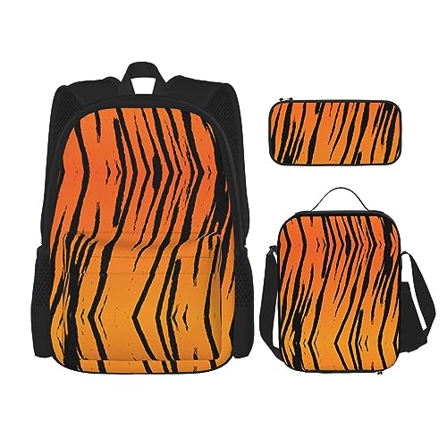 3-teiliges Set Rucksack, wasserdichte Büchertasche, isolierte Lunchtasche und Federmäppchen, Reisen, Wandern, Turm Paris Straße, roter Regenschirm-Druck, Tiger-Streifen, Einheitsgröße von StOlmx