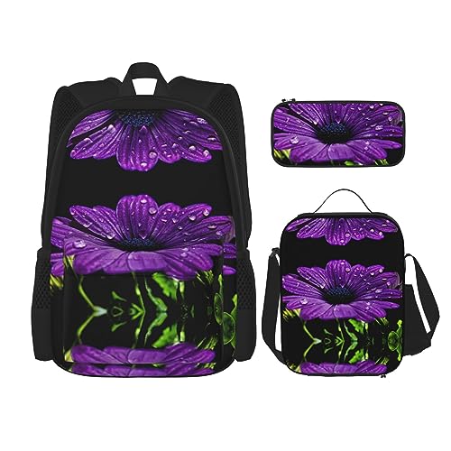 StOlmx 3-teiliges Set für Reisen, Wandern, leicht, verstellbar, isolierte Lunchtasche und Federmäppchen, Puerto Rico-Tapeten-Aufdruck, Violette Gänseblümchen, Einheitsgröße von StOlmx