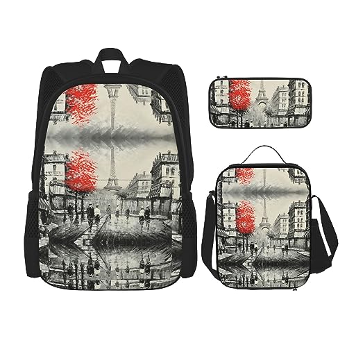 StOlmx 3-teiliges Set für Reisen, Wandern, leicht, verstellbar, isolierte Lunchtasche und Federmäppchen, Stiefmütterchen-Perfektionsdruck, Paris Straße Turm Gemälde, Einheitsgröße von StOlmx