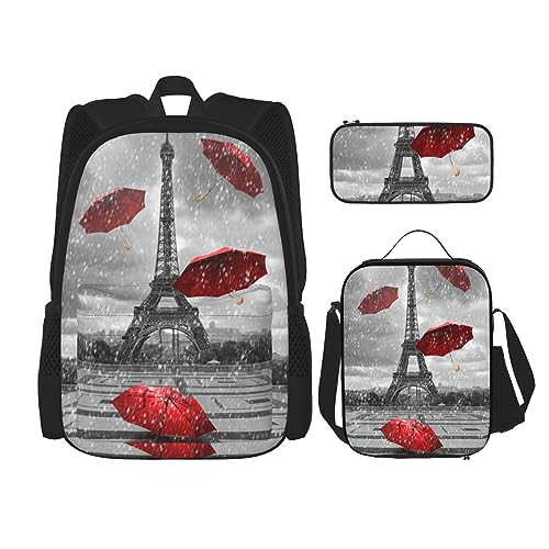 StOlmx 3-teiliges Set für Reisen, Wandern, leicht, verstellbar, isolierte Lunchtasche und Federmäppchen, Stiefmütterchen-Perfektionsdruck, Paris Tower Regenschirm Rot, Einheitsgröße von StOlmx