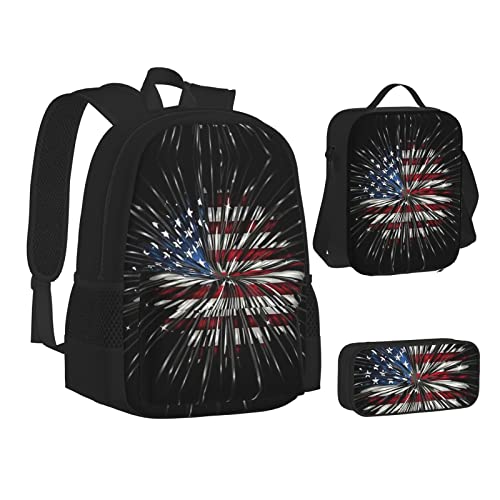 StOlmx Rucksack, wasserdicht, isoliert, Lunchtasche und Federmäppchen, modisch, niedlich, amerikanische Flagge, Feuerwerk, 3-teilig, Amerikanische Flagge Feuerwerk, Einheitsgröße von StOlmx