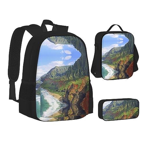 StOlmx Rucksack, wasserdicht, isoliert, Lunchtasche und Federmäppchen, modisch, niedlich, amerikanische Flagge und Baseball, 3-teilig, Hawaii Seashore, Einheitsgröße von StOlmx