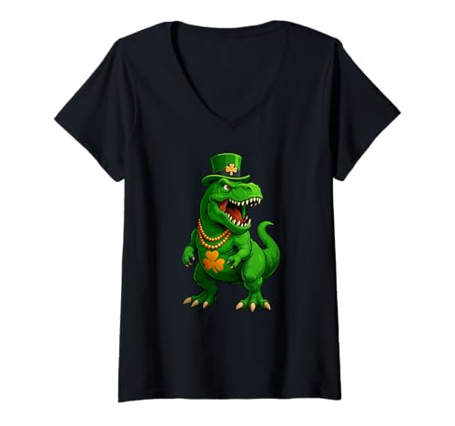 Damen Dinosaurier Trex St. Patricks Day Koboldhut Jungen Mädchen Kinder T-Shirt mit V-Ausschnitt Damen Dinosaurier Trex St. Patricks Day Koboldhut Jungen Mädchen Kinder T-Shirt mit V-Ausschnitt von StPatricksAxis1