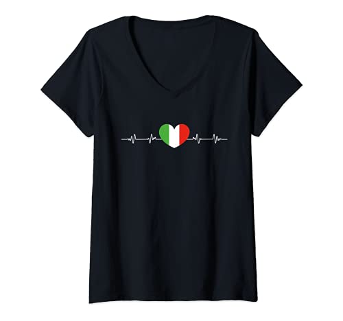 Damen Herzschlag Italien Flagge Italiener Nationalität Italienisch T-Shirt mit V-Ausschnitt von Staatsangehörigkeit Nation Europa Länderflagge