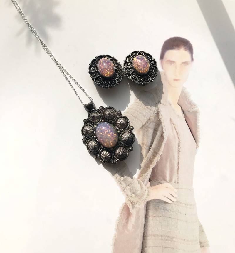 Vintage Sterling Silber Simulierte Opal Schmuck Set Art Deco Brosche, Ohrringe von StaceyFayDesigns