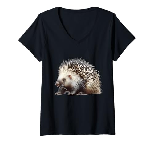Damen Porcupine Design Stachelschwein T-Shirt mit V-Ausschnitt von Stachelschwein Motiv Herren Damen
