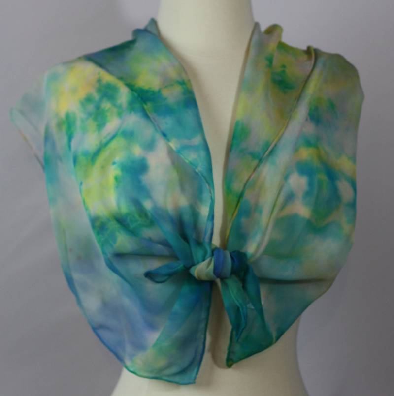 Tragbare Kunst Reine Seide Chiffon Schal Ooak Handgefärbt Blau Türkis Zitrone Multi 14"x72" von StackARockRanch