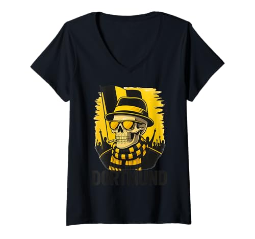 Damen Dortmund Totenkopf Fan Motiv Fußball T-Shirt mit V-Ausschnitt von Stadtliebe Ruhrpott