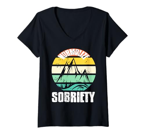 Damen Nüchternheit Normalisieren Retro Berg Bewusstsein T-Shirt mit V-Ausschnitt Damen Nüchternheit Normalisieren Retro Berg Bewusstsein T-Shirt mit V-Ausschnitt von Stärke im Freien und Stolz auf Nüchternheit