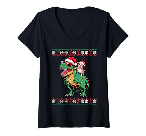 Damen Christmas Staffordshire Bull Terrier T-Rex Dinosaur Staffy T-Shirt mit V-Ausschnitt Damen Christmas Staffordshire Bull Terrier T-Rex Dinosaur Staffy T-Shirt mit V-Ausschnitt von Staffordshire Bull Terrier Lover Gifts