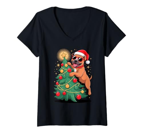 Damen Christmas Tree Staffordshire Bull Terrier Sunglasses Staffy T-Shirt mit V-Ausschnitt Damen Christmas Tree Staffordshire Bull Terrier Sunglasses Staffy T-Shirt mit V-Ausschnitt von Staffordshire Bull Terrier Lover Gifts