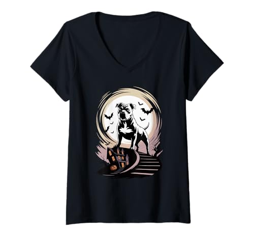 Damen Gruselig Halloween Mond Staffordshire Bull Terrier Staffy T-Shirt mit V-Ausschnitt Damen Gruselig Halloween Mond Staffordshire Bull Terrier Staffy T-Shirt mit V-Ausschnitt von Staffordshire Bull Terrier Lover Gifts