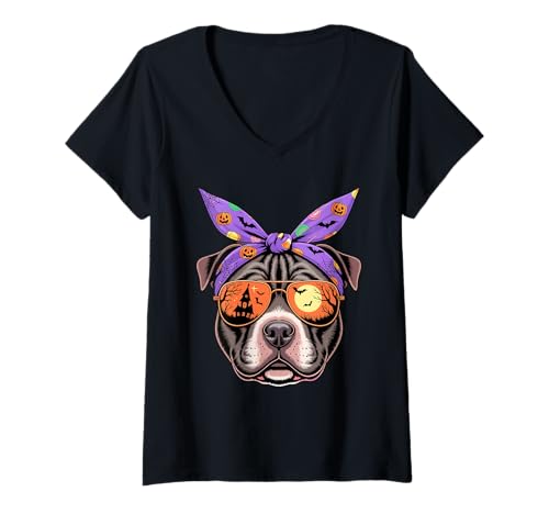 Damen Halloween Bandana Staffordshire Bull Terrier Staffy T-Shirt mit V-Ausschnitt Damen Halloween Bandana Staffordshire Bull Terrier Staffy T-Shirt mit V-Ausschnitt von Staffordshire Bull Terrier Lover Gifts