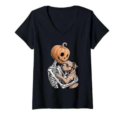 Damen Halloween Skeleton Staffordshire Bull Terrier Staffy T-Shirt mit V-Ausschnitt Damen Halloween Skeleton Staffordshire Bull Terrier Staffy T-Shirt mit V-Ausschnitt von Staffordshire Bull Terrier Lover Gifts