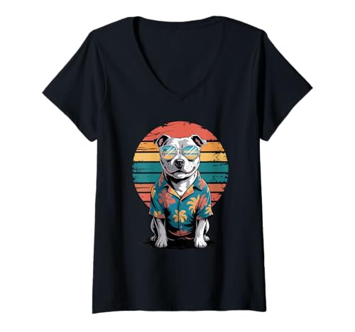 Damen Staffordshire Bull Terrier Sonnenbrille Hawaii Strand Sommer T-Shirt mit V-Ausschnitt Damen Staffordshire Bull Terrier Sonnenbrille Hawaii Strand Sommer T-Shirt mit V-Ausschnitt von Staffordshire Bull Terrier Lover Gifts