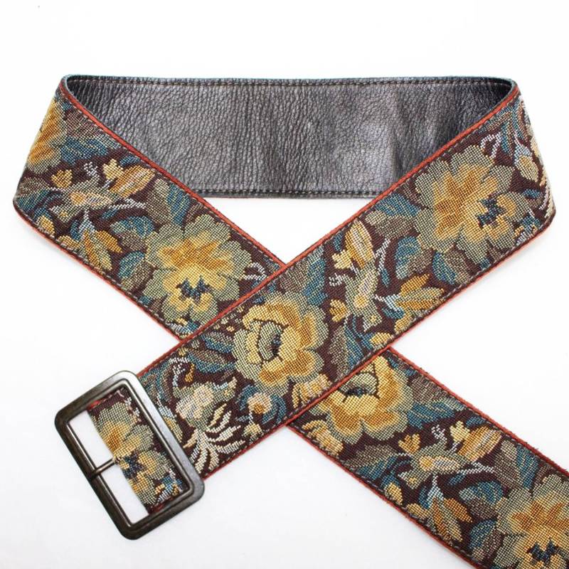 Gürtel Blumenmuster Flowerpower Jaquard Leder Gelb Blau von StahlhofenBagsKoeln