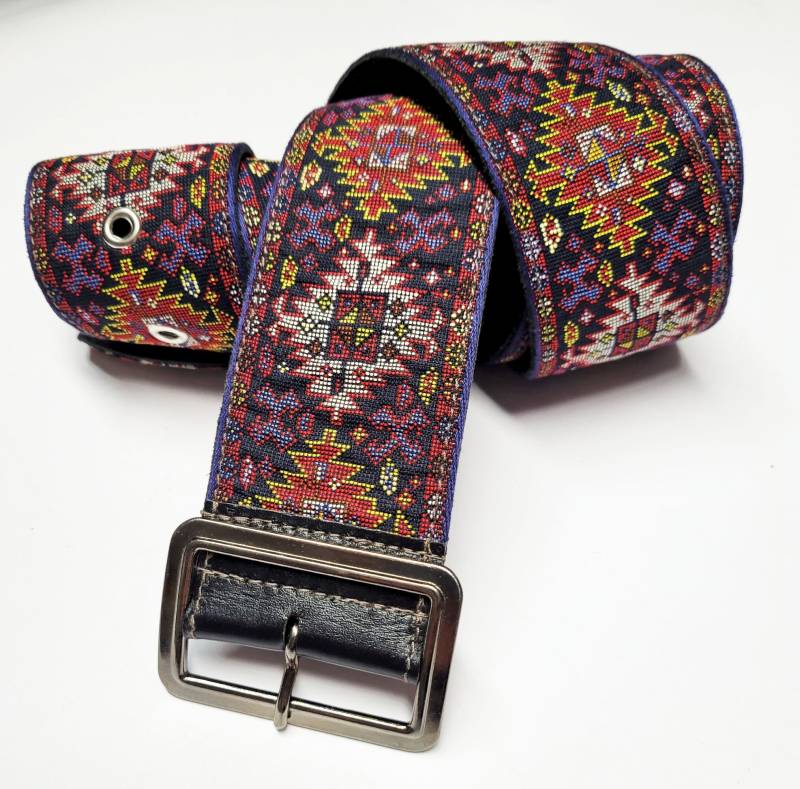 Gürtel Mexico Ethno Boho Jaquard Leder Rot Blau Gelb von StahlhofenBagsKoeln