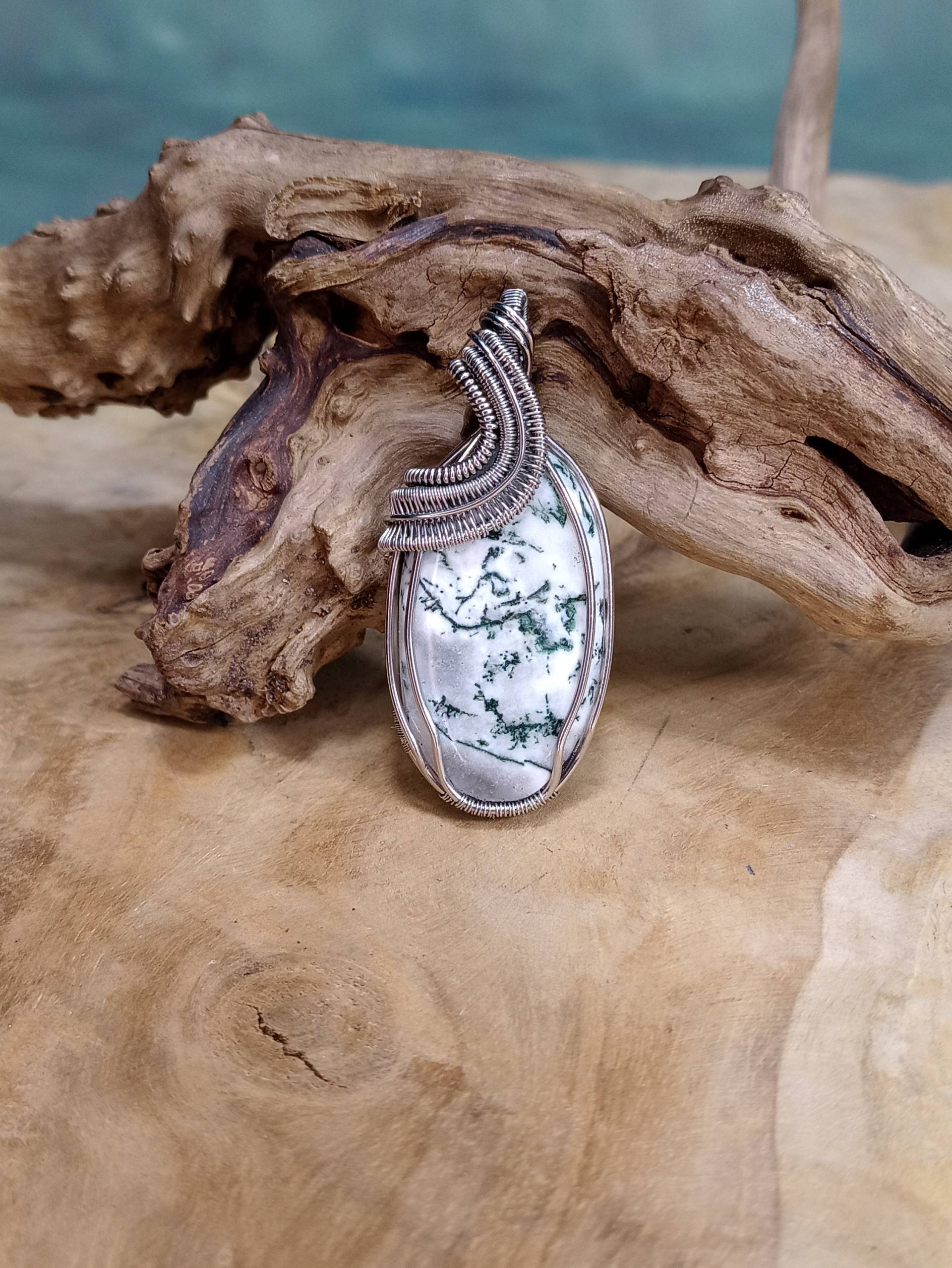 Baumachat Kettenanhänger, Edelstahl Anhänger Mit Baum Achat, Damen, Frauen, Handgemachtes Einzelstück von Stahlweberei