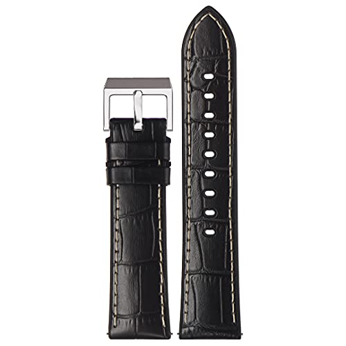 Stailer Uhrenarmband 20mm schwarz, aus echtem Leder mit Alligatorprägung, mit Silikonfutter, Ersatzarmband 20 mm, Lederarmband mit Edelstahl Metall Schließe für Herren, mit weißer Naht von Stailer