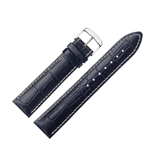 Stailer Uhrenarmband mit Edelstahl-Metallschließe - Aus echtem, hochwertigem Leder mit Alligatorprägung - 21mm - Ersatzarmband für Uhren - Für Damen und Herren - Dunkelblau mit weißer Naht von Stailer