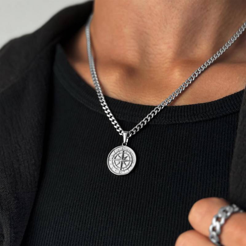 Compass Chain Silver | 4mm Cuban Link North Star Necklace Medallion With Pendant Wind Rose Gift Idea von StainlessJV