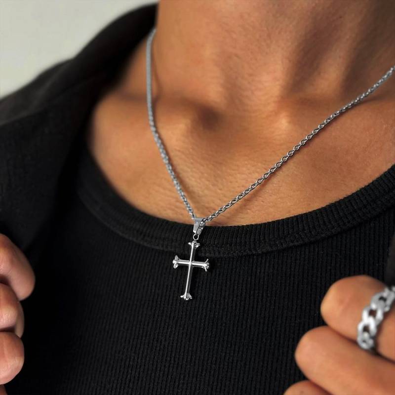 Cross Chain Silver | Crucifix Pendant Mens Necklace Minimalistic 2mm Rolo Christian Gift Idea von StainlessJV